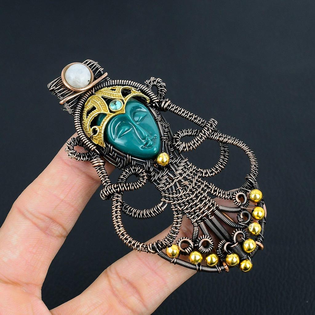 Carved Green Face & Moonstone Jewelry, 999 Copper Wire Wrapped Pendant Handmade Gemstone Jewelry, Gifts For Wife Brand New Pendant