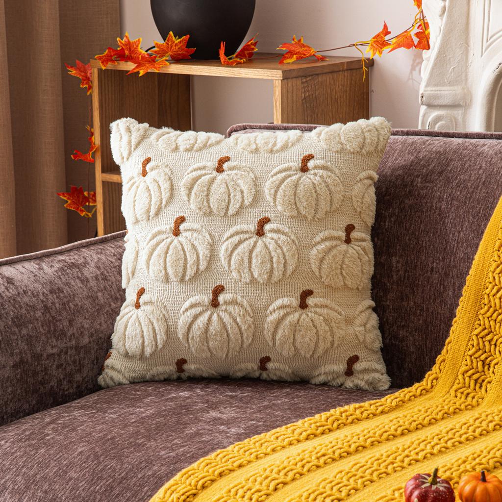 Halloween Pumpkin Fall Throw Pillow Covers Embroidery Soft Faux Fur Pillow Covers Plush Pillow Case for Living Room Bedroom Sofa