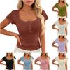 Kortermet ribbestrikket topp for kvinner med blonderkant, firkantet hals, knapper, uformell, ettersittende t-skjorte/bluse