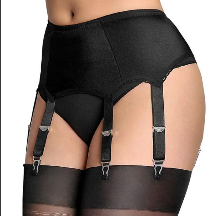 European & American Lace Trim High Waist Adjustable 6-Garter Belt with Metal Buckle - Plus Size for Women