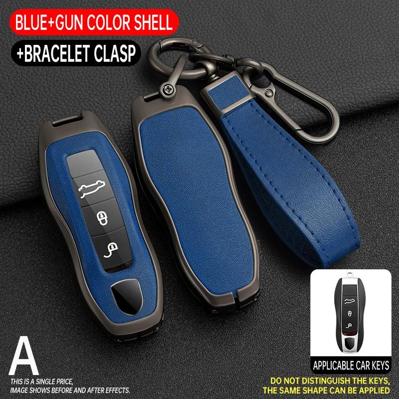 Zinc Alloy + Leather Car Key Case Cover Fob Holder For Porsche Cayenne Panamera 971 911 9YA Macan 718 Cayman Boxster 3 Remote