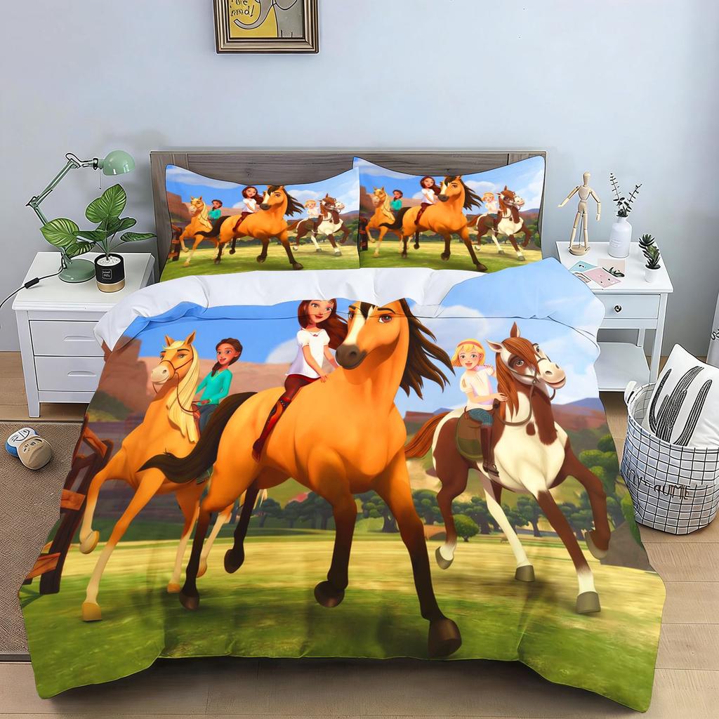 Spirit Riding Free Cartoon Horse Bedding Set Running Horses Print Duvet Cover Pillowcase Soft Kids Bedroom Bed Linens