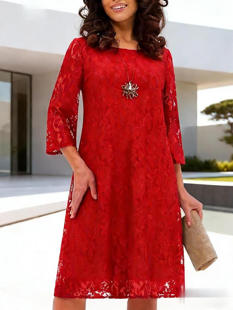 Elegant Seven-Sleeve Round Neck Lace Pleated Dress with Double-Layer Lining