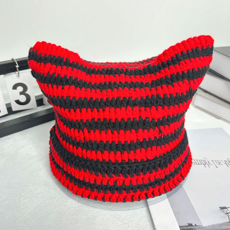 Autumn-Winter Striped Woolen Hat with Cute Cat Ears - Fashionable, Versatile Devil Design.