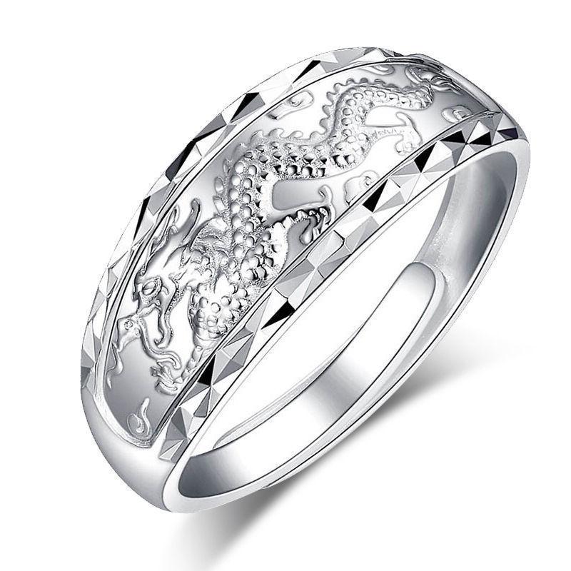 Adjustable Open Couple Rings Gold Carved Dragon Phoenix Pattern Fashion Jewelry for Wedding Gift