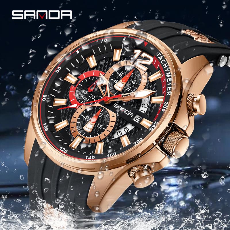 Sanda Men's Waterproof Quartz Watch with Multi-Dial Silicone Strap