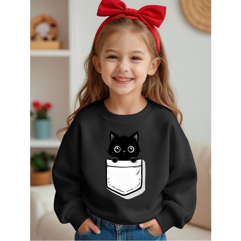 European sizes Comfortable Kids' Crewneck Sweatshirt - Casual Round Neck Design, Fun Black Cat Pocket Print, Soft Fabric