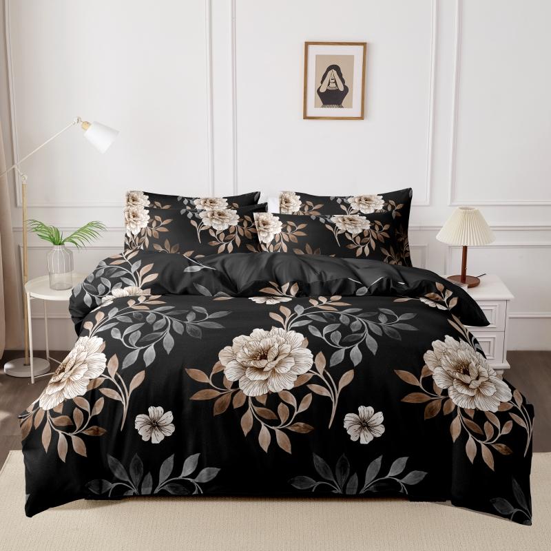 Kuup Bequemes Atmungsaktives Bettwäscheset Queen King Size Blumenmuster Flockierung Bettbezug Bettlaken Kissenbezug Bettwäscheset
