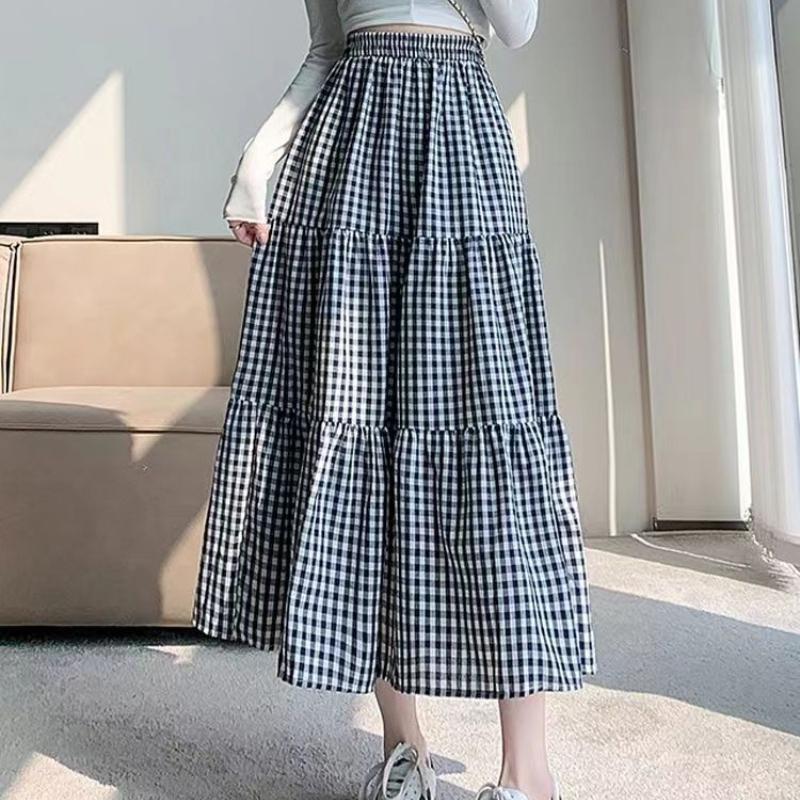 Women's Summer Elastic Waist Tiered Cake Skirt - Vintage High-Waist Paneled A-Line Pleated Midi Skirt for Hip Coverage & Slimming