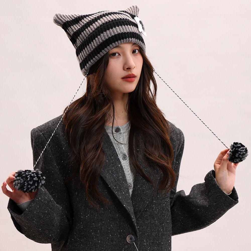 Y2K Cat's Ears Knitted Hat Star Woolen Hat Cute Warm Cap  Women
