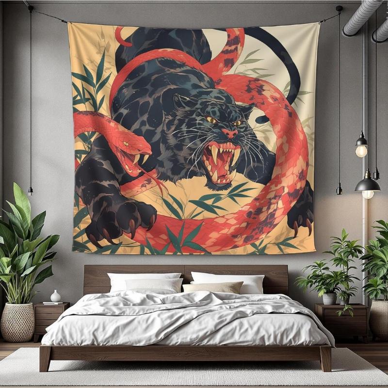 Japanese Style Black Panther And Red Snake Tapestry For Men – Fierce Old School Tattoo Wall Art, Vintage Asian Bamboo Jungle