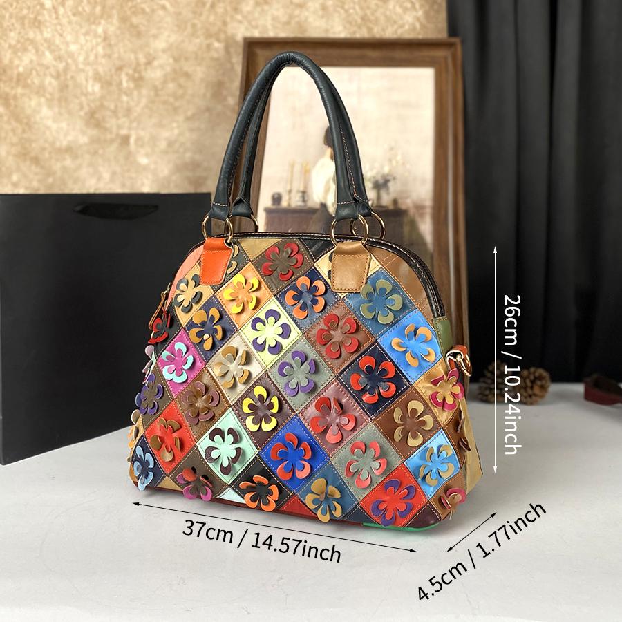 New Genuine Leather Cowhide Bag, Fashionable Floral Women'S Bag, Color-Blocking Hand-Held Crossbody Bag