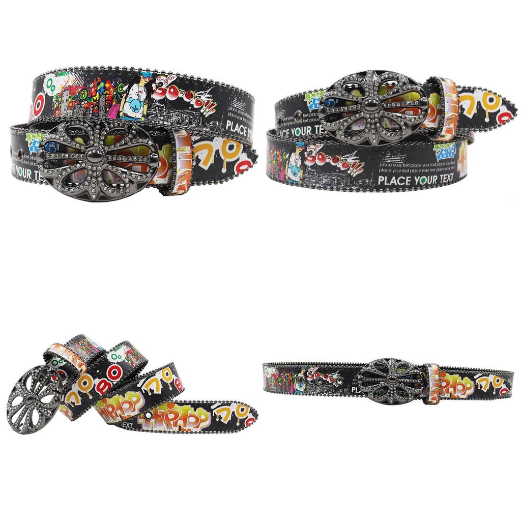 Croatian Rhinestone Graffiti Leather Y2K Belt: Versatile European & American Style
