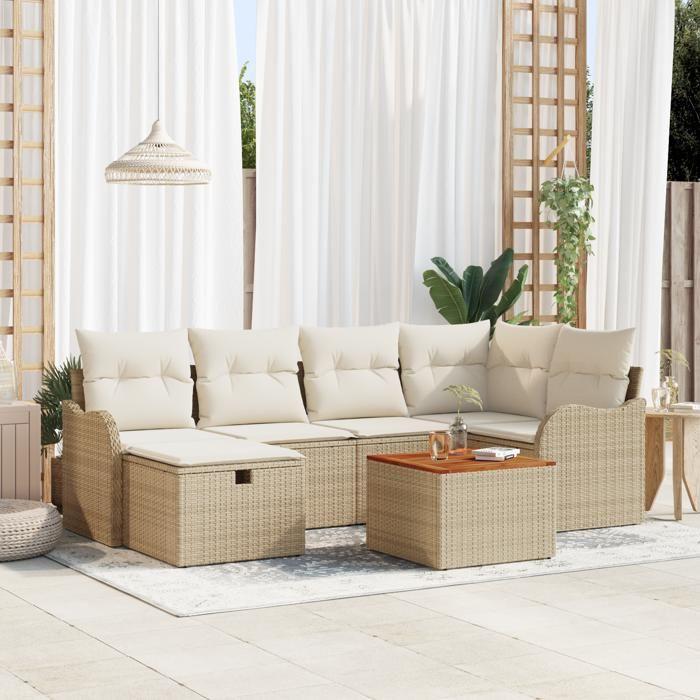 Ensemble de canapé de jardin 7 pièces avec coussins beige poly rotin vidaXL, Canapé de jardin 2 places avec rangement et 3360816