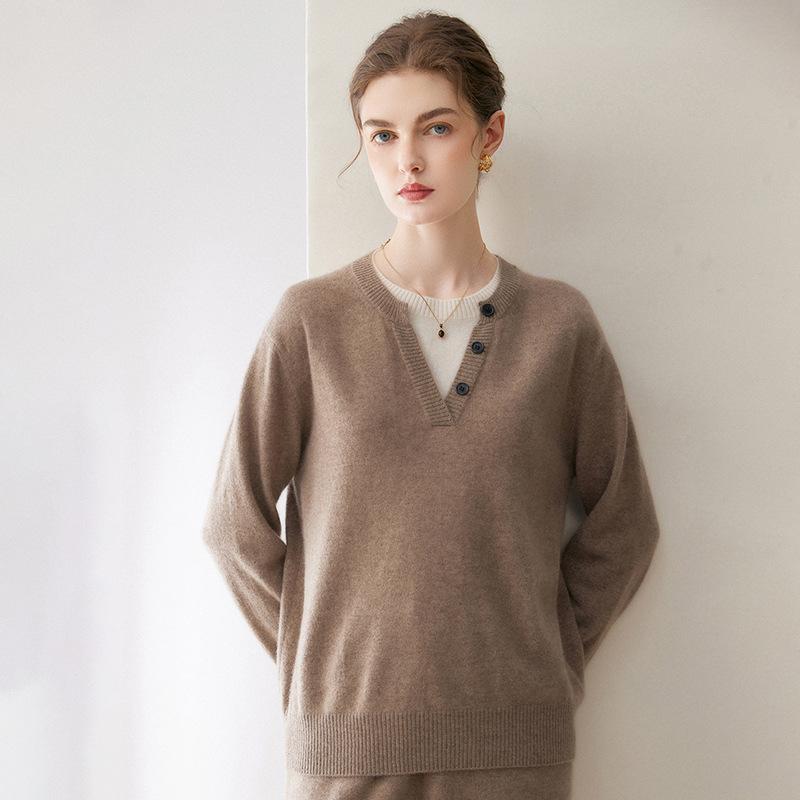 Kang Sai Ni Women's 100% Cashmere Two-Piece Style Sweater - Versatile, Fashionable, Loose Fit Knitwear