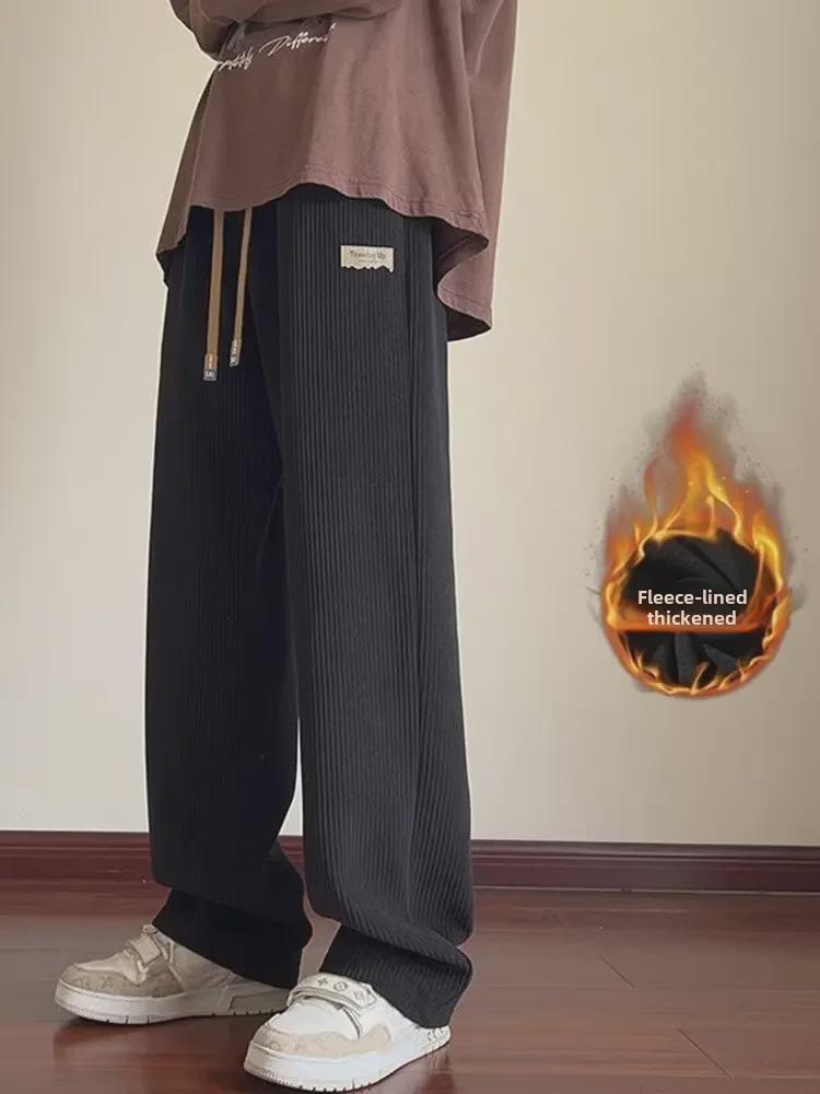 Herren Cordhose im amerikanischen Stil: Herbst/Winter Plus Samt Lose Gerade Jogginghose, Trendy Weite Bein Casual Hosen