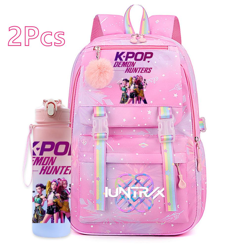 2Pcs/set Cartoon Kpop Printed Backpack with 750Ml Water Bottler for Teenager Girl Boy Bookbag Kid Gift Large Capacity Travel Bag Mochila