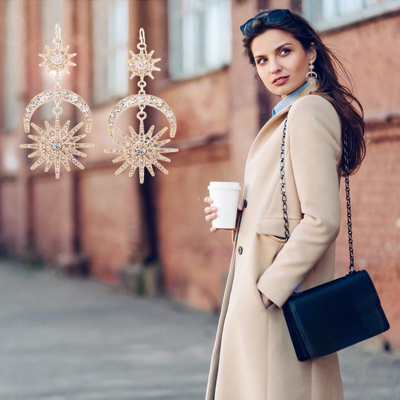 Cercei lungi retro cu stele și soare, zeița greacă, moda europeană și americană, pentru femei, model retro, model cu stras, stele, soare și lună