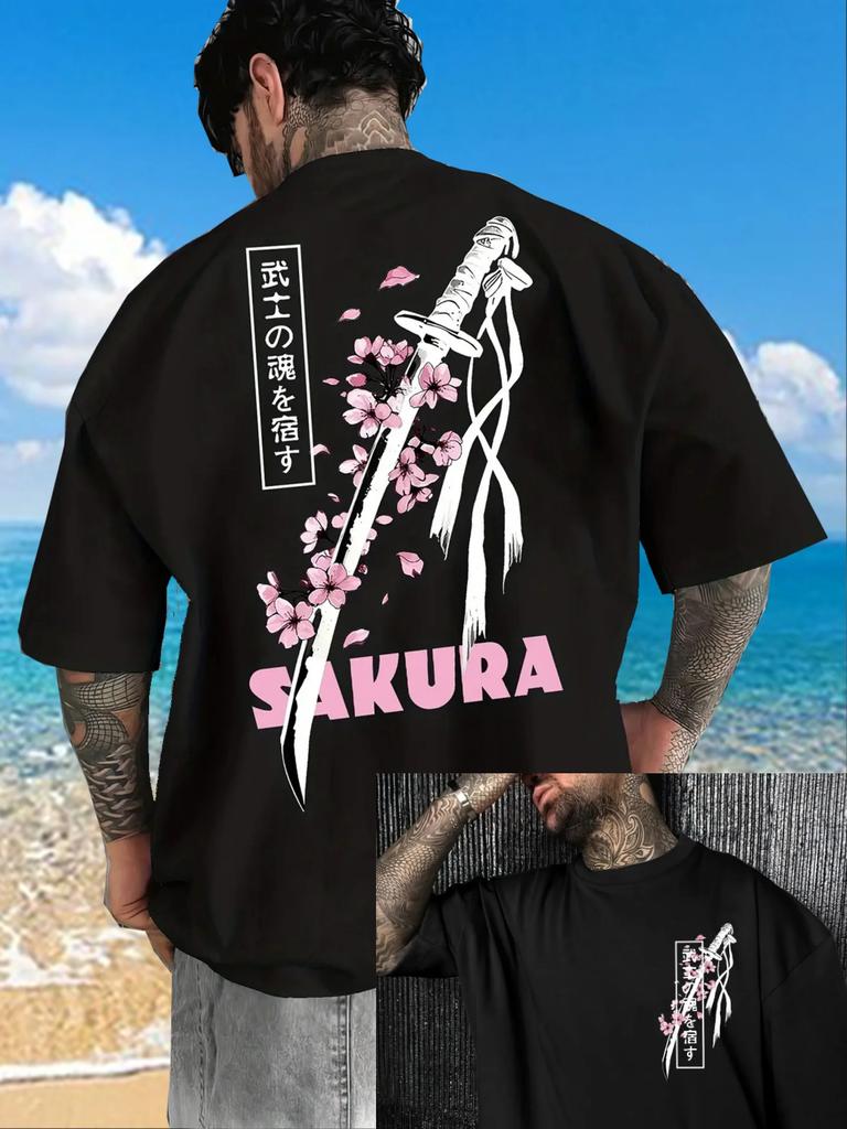 Japanese Samurai Sword Sakura Print Cotton Men Women T-shirt Summer Autumn Daily Outdoor Sports Casual Street Short-sleeve