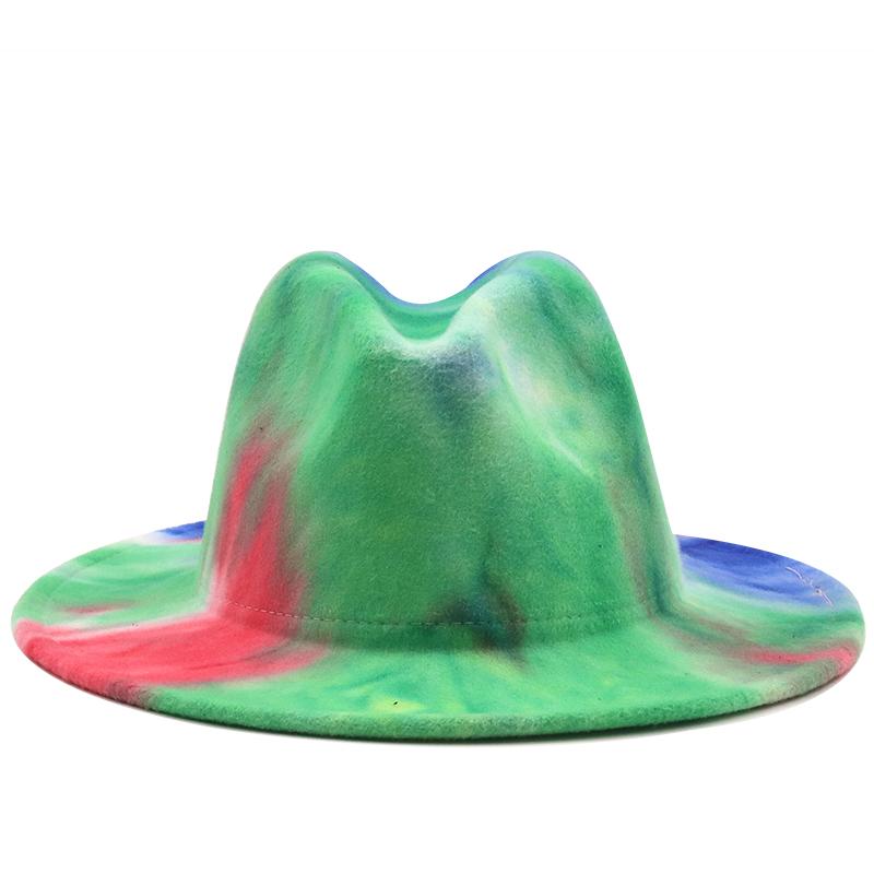 Kapelusze fedora kobiety mężczyźni szerokie rondo Tie Dye jesień zima kobiety kapelusze vintage fascinator wielokolorowy niebieski zielony biały filcowy kapelusz mężczyźni