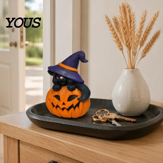 Halloween Atmosphere Table Centerpiece Ornament, Witch Black Cat Pumpkin Shape, Durable Synthetic Resin Unique Holiday Gift for Kids Weather Resistant