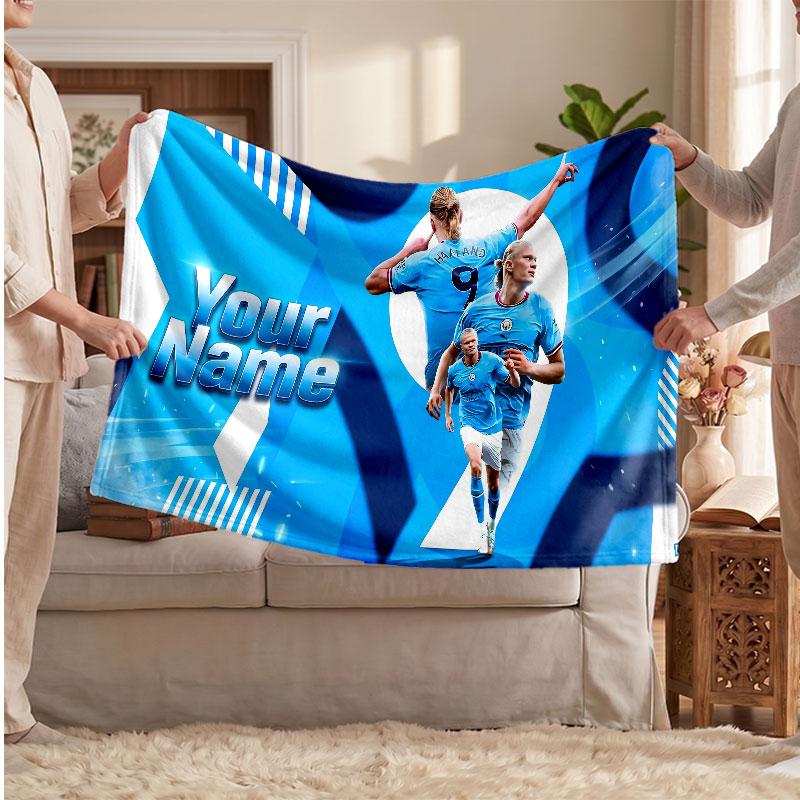 Erling Haaland Personalized Fleece Blanket With Football Logo, Custom Name Text Soft Warm Home Throw Blanket