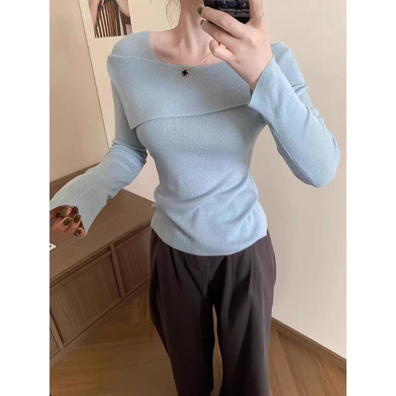 Gentle and Lazy Wind One-word Neck Sweater Bottoming Shirt Women's Spring Thin Age-reducing Long-sleeved Inner Top