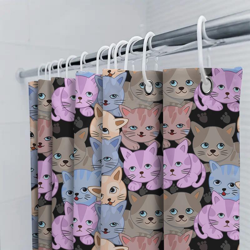 Adorable Cat Pattern Shower Curtain 3D Printed Polyester Fabric Customizable Designs For Bathrooms High-Quality Decorative Item