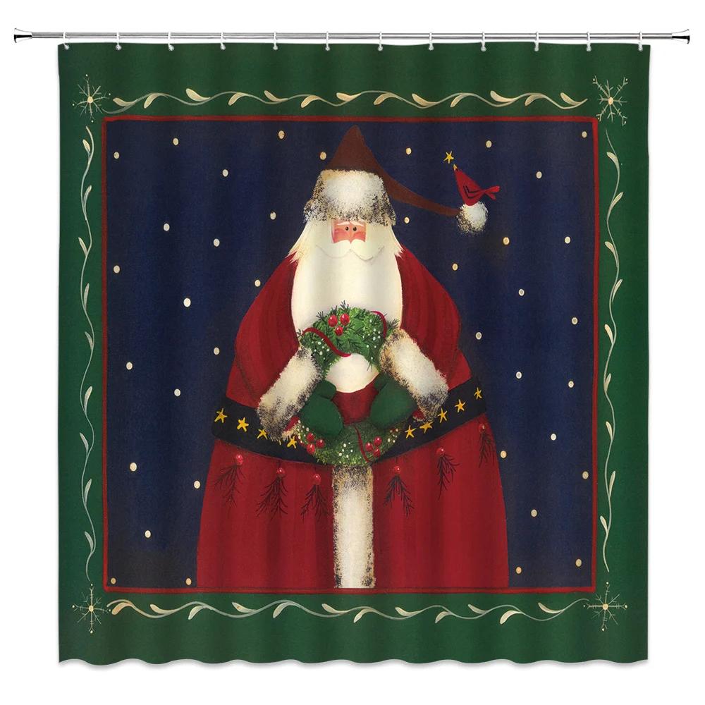 Waterproof Bathroom Shower Curtain Elk Christmas Santa Claus Fairy Snow Night Printed Bath Washable Quick Dry Wrinkle Decoratio