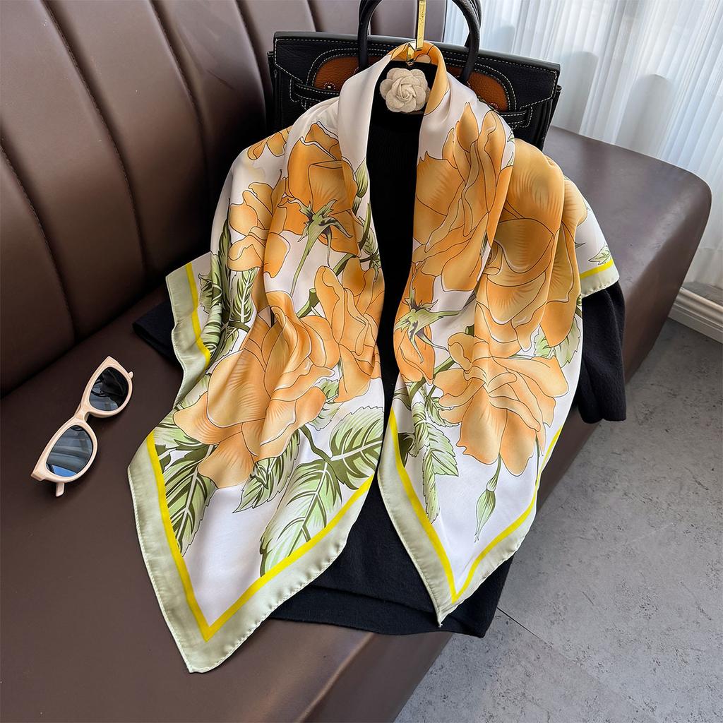 90×90Cm  Satin Shawl Design Flowers Silk Square Women Neck Scarves Wrap Headkerchief Beach Hair Band Women'S Bandana