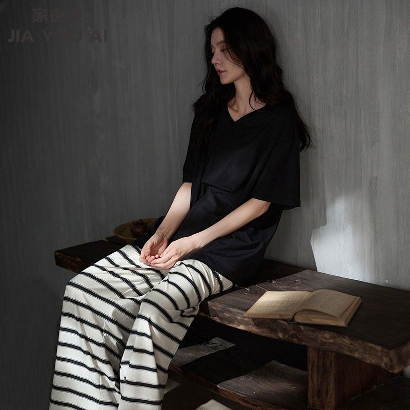 

New summer thin Modal cotton short-sleeved trousers pajamas women s loungewear can be worn outside a striped suit M