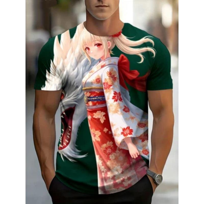 Men's Anime 3D Full Body Print T-Shirt - Manga Dragon and Kimono Samurai Design