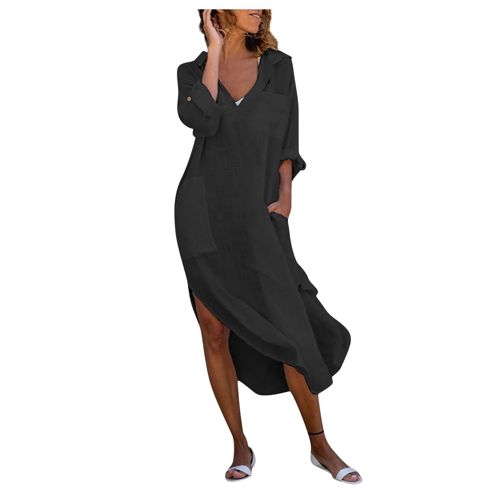 

Жіноча однотонна сорочка на ґудзиках вільного крою дихаюча повсякденна бавовняна та лляна сукня L чорний