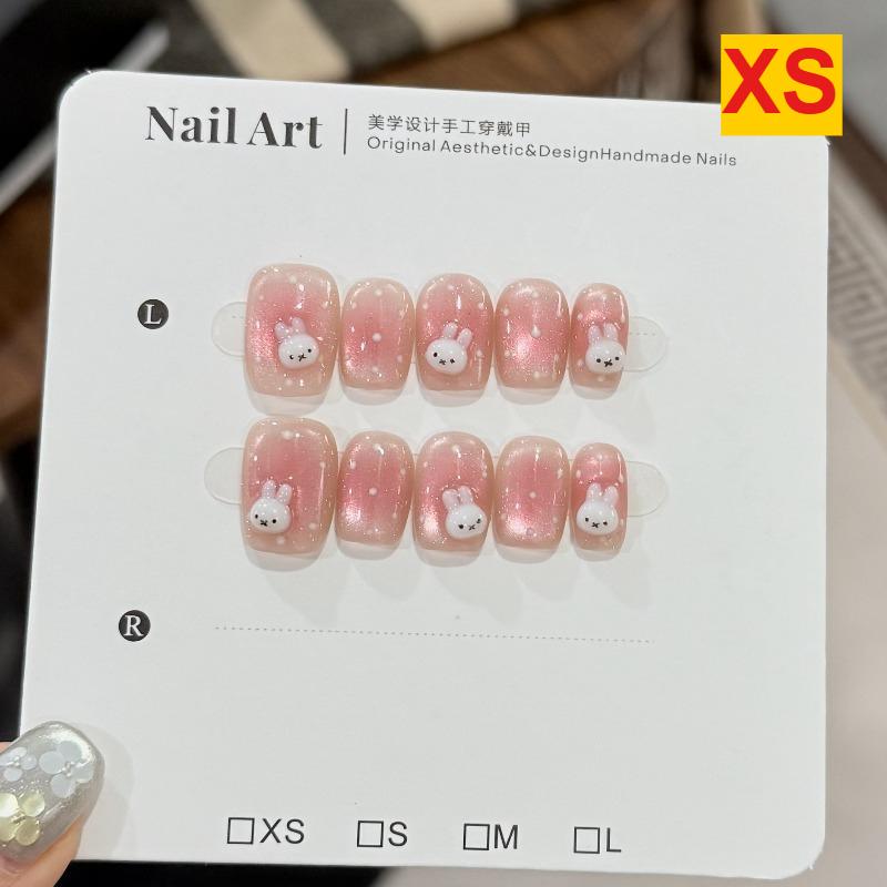 

2026 New Cute 3D Rabbit Handmade Nails Polka Dot Cat-Eye Blush Gradient Press on Nail Short Square False Nail for Women&Girls