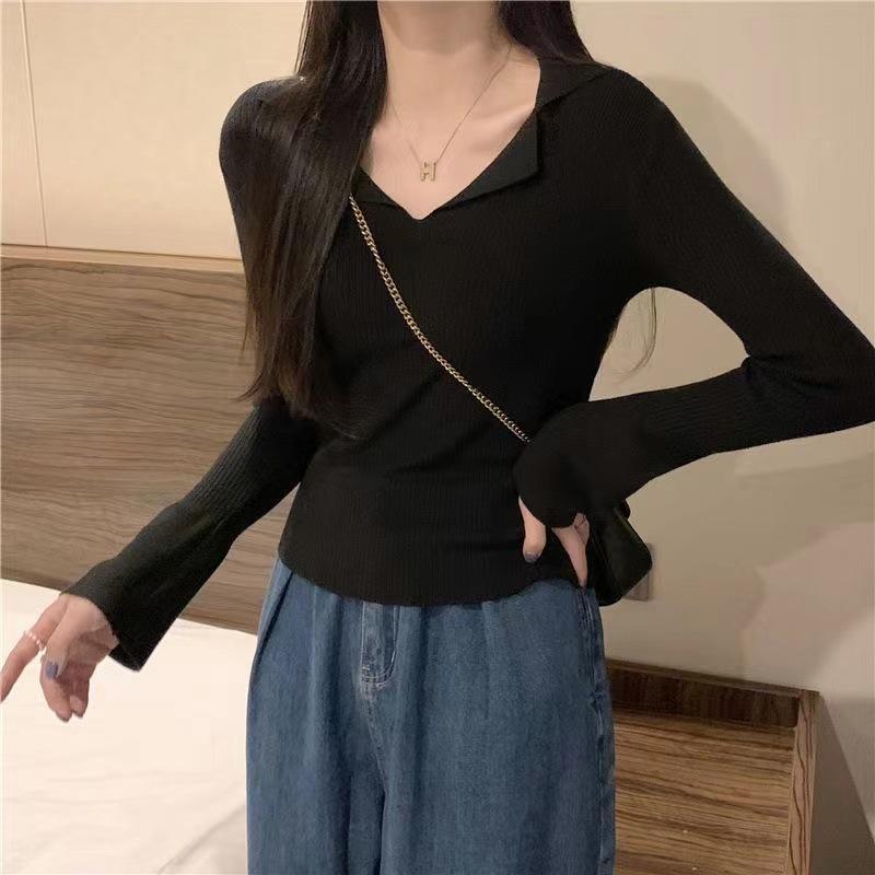 Lapel Base Layer Sweater Women Autumn Winter Womenswear Slim Soft Knit Top