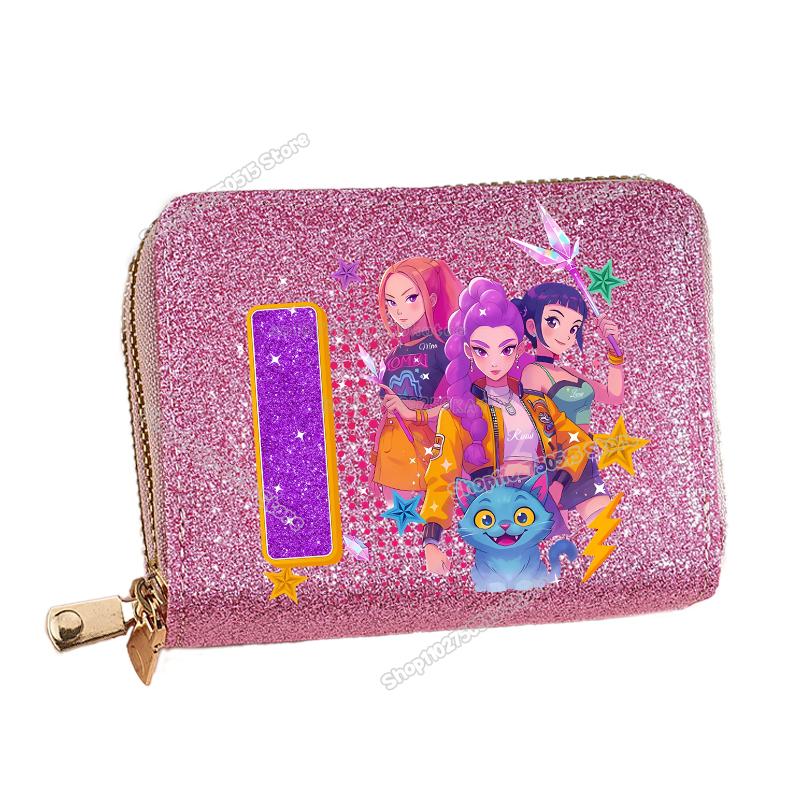 Korean Pop Demon Hunters Letter A-Z Women Short Wallet Bling Sequin Pu Leather Wallets Zipper Coin Purse ID Card Holder Girl Purse