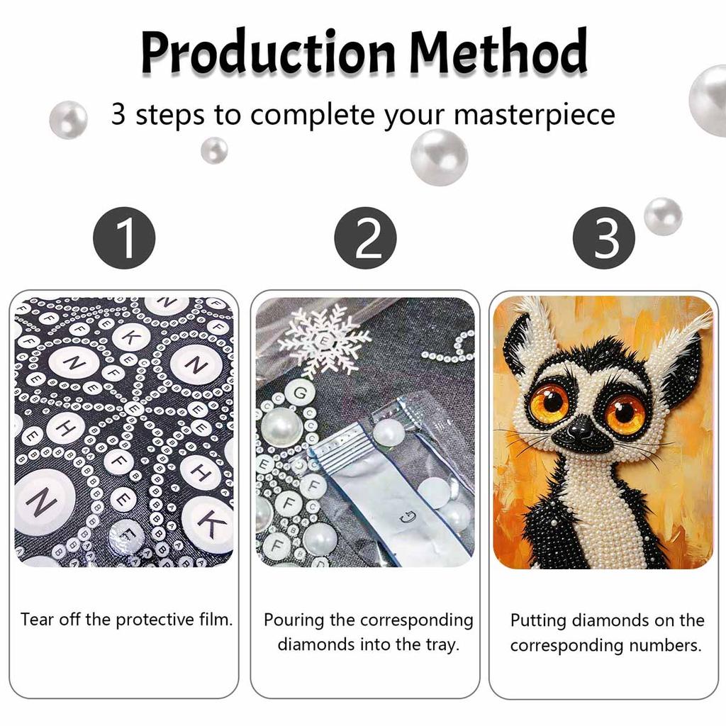 DIY Pearl Painting Canvas Cute Lemur Animal Pattern 3D Bead Art Kit Relaxing Handmade Craft for Home Wall Room Decoration Birthday Gift