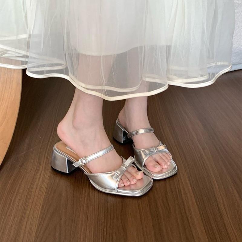 Summer Women's Open Toe Thick Heel Slippers Fashion Butterfly-knot Slides Comfort Outdoor Party Dress Shoes