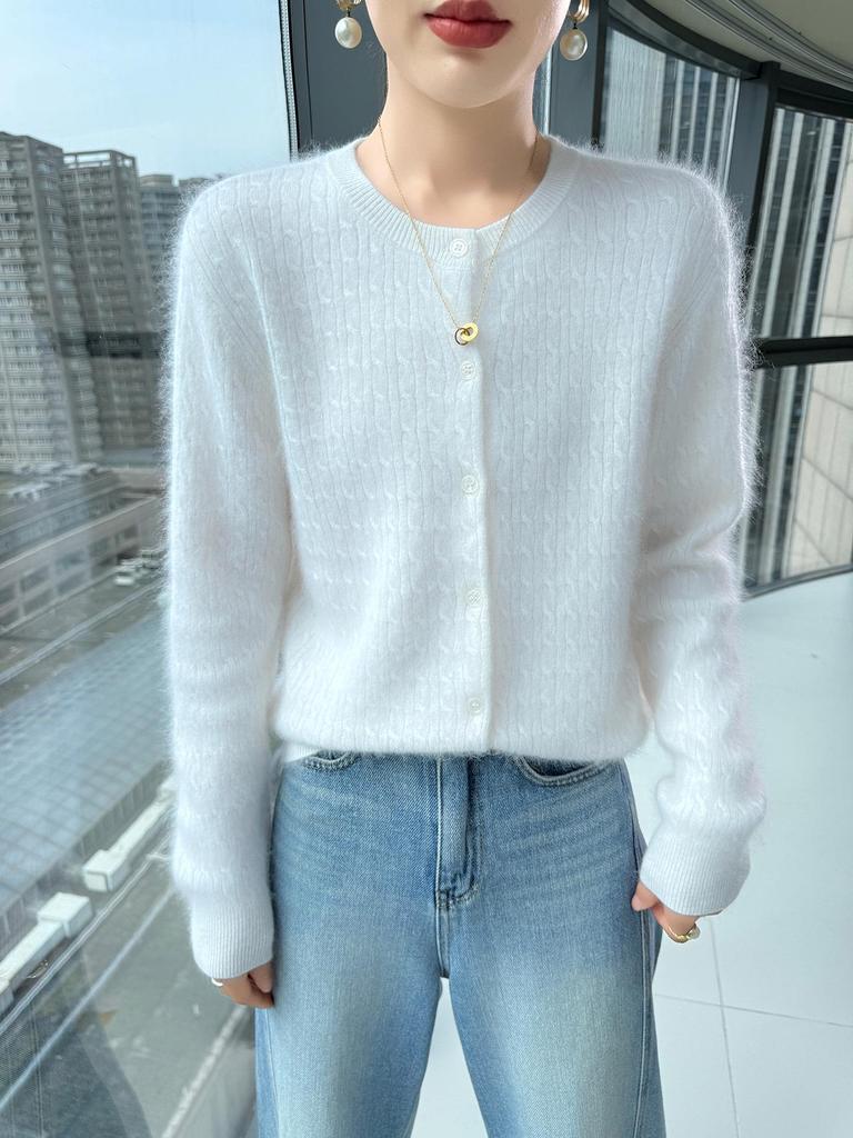 Women's Retro Cable Knit Mink Velvet Cardigan - Round Neck, Long Sleeve, Loose Fit, Short Sweater Coat