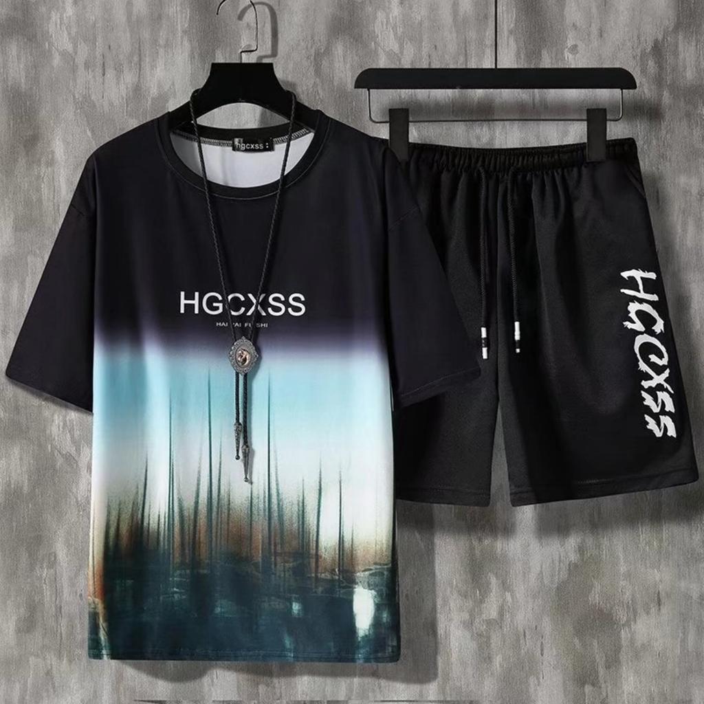 2 casual 3D printed short sleeved T-shirts and shorts set for boys, comfortable summer children's clothing