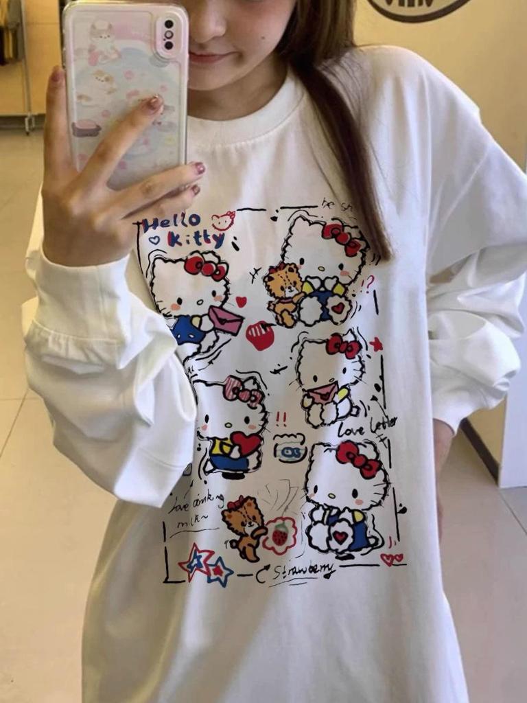 Women's Pure Cotton Slimming Kitty Print White Long-Sleeve T-Shirt with Cinch-Bottom