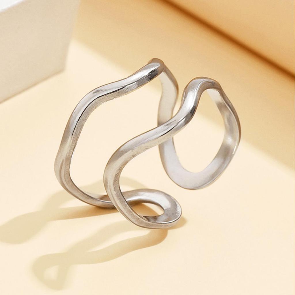 Stainless Steel Geometric Open Ring with Irregular Thick Line