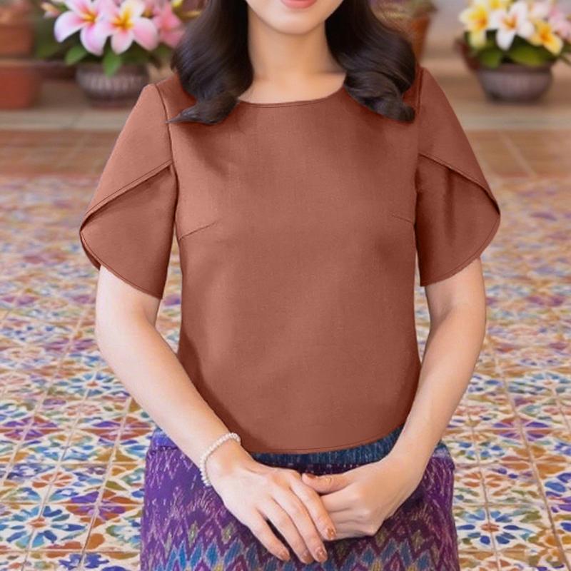 ZANZEA Women Casual Round Neck Summer Short Sleeve Plain Blouse