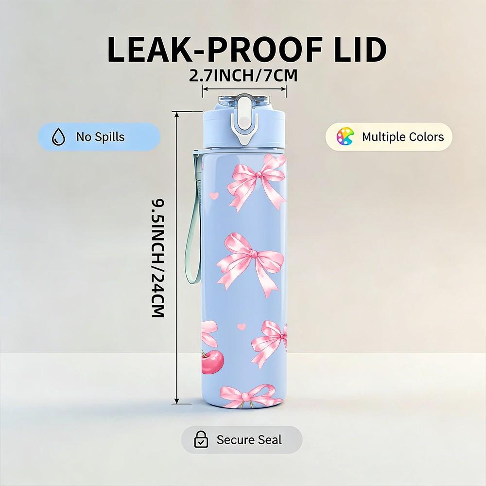 1PC Pink Bow Ribbon Seamless Print 750ml Color Plastic Sports Water Bottle Leakproof Flip Straw Lid Suitable for Sports Office Home Use