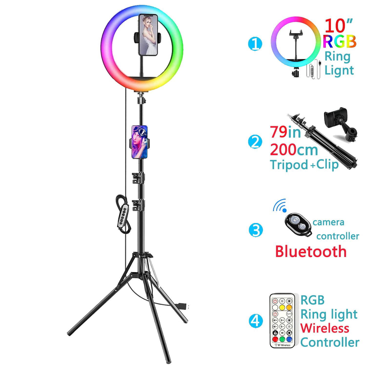 

10-дюймовый RGB светодиодный кольцевой светильник для селфи, 79 дюймов, штатив, кольцевой светильник для фотосъемки, подставка для телефона, держатель, круговой заполняющий светильник, регулируемая лампа для макияжа 10inRGB with 200cm Tripod