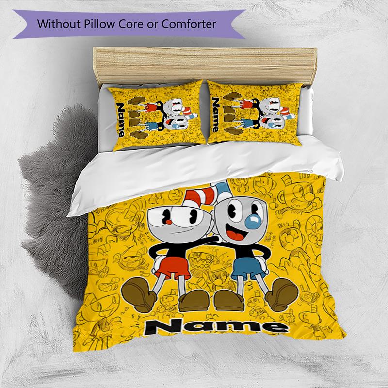 3pcs Custom Name Cuphead Bedding Set Duvet Cover Closure Includes 1 Duvet Cover & 2 Pillowcases for All Seasons Bedroom Decor