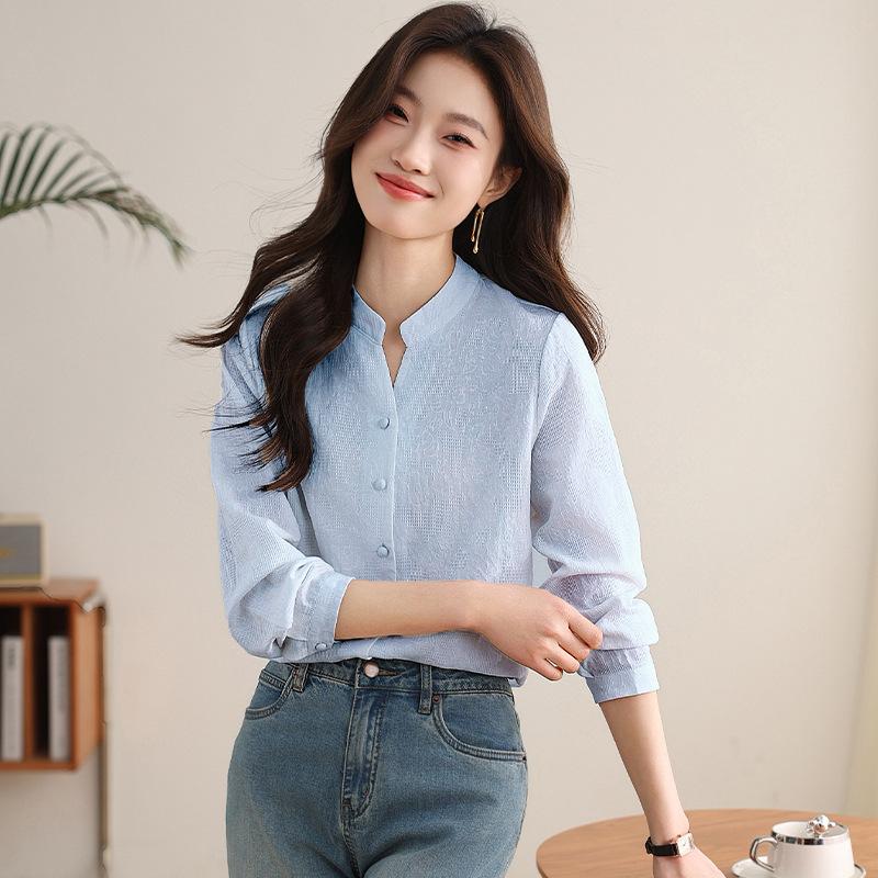Cotton Jacquard V-neck Women's Shirt Spring New Casual Simple Texture Thin Women's Shirt