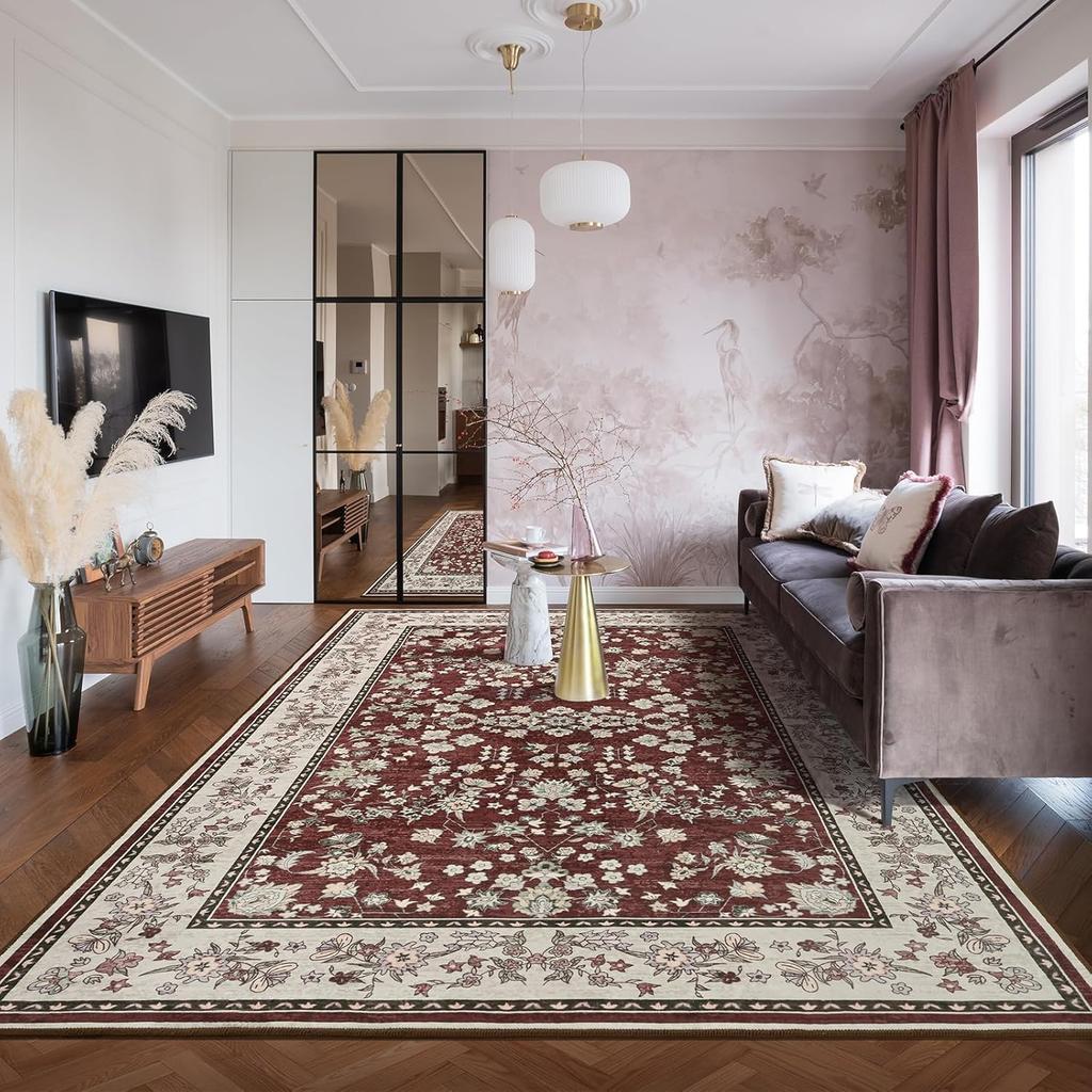 Area Rugs for Living Room, Machine Washable Vintage Rug, Non-Slip Low Pile Throw Rugs with Rubber Backing Washable Carpet