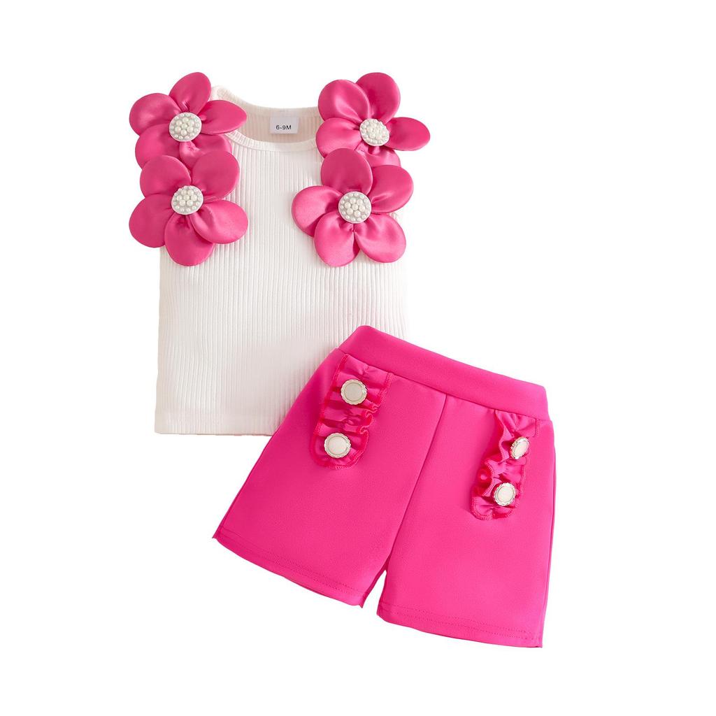 Sweet Baby Girl Sleeveless Ribbed Top & Lace Button Shorts Set