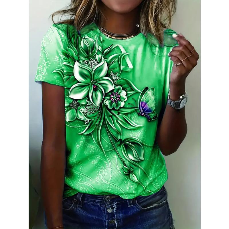 Summer Round Neck Solid Color Short Sleeved Top 3D Flower Pattern Printed Women's T-shirts